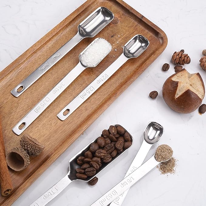 Stainless Steel Measuring Spoons Set of 7 with Leveler, Long Handle Rectangular Metal Teaspoon Tablespoon for Measuring Kitchen Spice, Dry & Liquid Ingredients