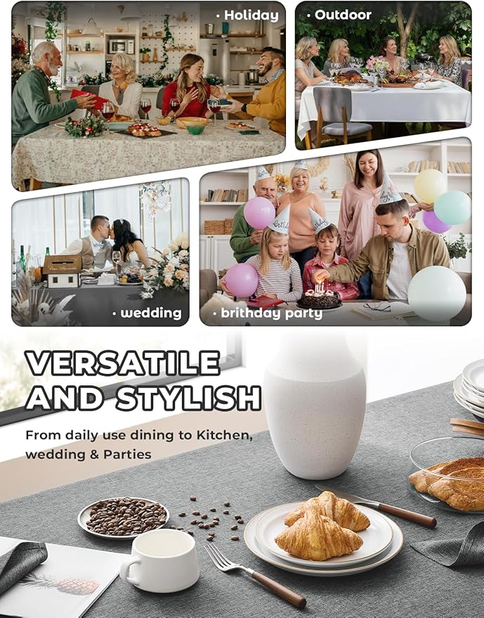 Faux Linen Farmhouse Table Cloth 60"x104" for 6 ft Rectangle Table, Dark Grey Waterproof Outdoor Washable Cloth Tablecloth for Rectangular Dining Room Kitchen Outdoor Party Restaurant Table