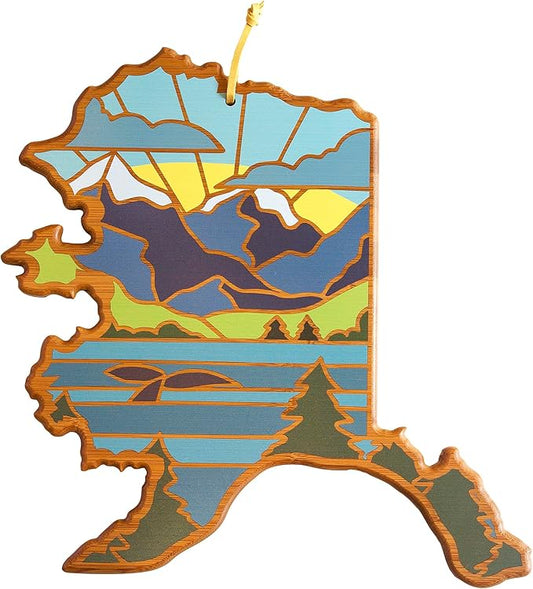 Totally Bamboo Alaska State Shaped Cutting Board and Charcuterie Serving Platter with Artwork by Summer Stokes, Includes Hang Tie for Wall Display