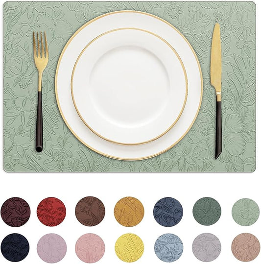 Romanstile Vinyl Placemats Set of 8-12 X 17 Inch - Heat Resistant Non-Slip Embossed Floral Place Mats 100% Waterproof Oilproof Wipeable Faux Leather Table Mats for Kitchen/Dining/Party, GrassGreen