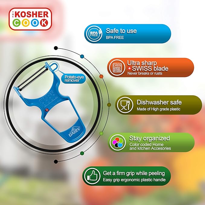 The Kosher Cook Y Vegetable Peeler - Heavy Duty, Ultra Sharp Stainless Steel Blade - Swiss Peeler - Ergonomic Plastic Handle - Color Coded Kitchen Tools - Blue