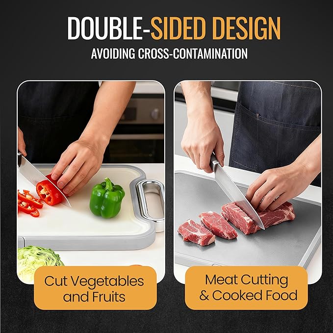 PLATEVIA Titanium Cutting Board for Kitchen – Dual-Sided Scratchless Pure Titanium & PP Surface, Non-Slip, Rust-Proof, Odor Resistant, Dishwasher Safe Premium Chopping Board for Meat & Vegetables