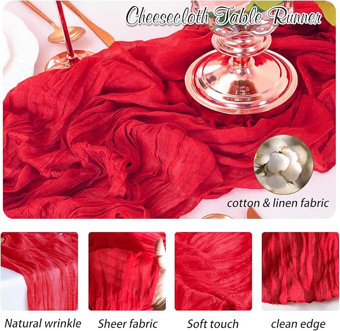 Red Cheesecloth Table Runner 6 Pack 35" Boho Gauze Runner 120 inches Long Runner Rustic Sheer Fabric Bulk for Baby Shower Wedding Bridal Birthday Party Table Decorations