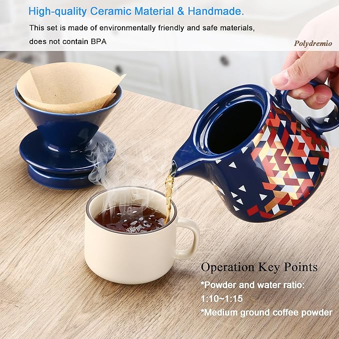 Polydremio Pour Over Coffee Maker, Ceramic Coffee dripper with 100 pcs V60 Paper Filter, Ceramic coffee Server with Lid, 15.5oz/450 ml, Suitable for 1-2 people (Blue)