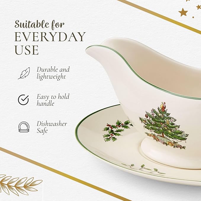 Spode Christmas Tree 9 Oz Gravy Boat & Stand - Festive Stoneware Sauce Boat with Tray for Holiday Gatherings, Serveware for Gravy, Sauces & Syrups - Microwave, Dishwasher & Oven Safe