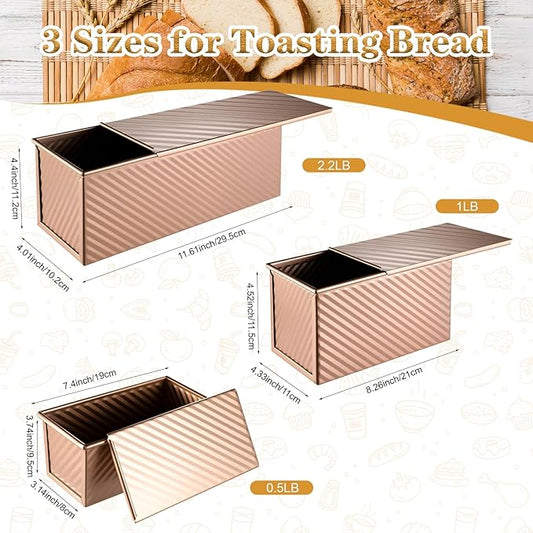 3 Pcs Pullman Loaf Pan with Lid, 2.2lb/1lb/0.5lb Dough Capacity, Non-Stick Carbon Steel Bread Pans for Homemade Bread Sandwich and Toast, Sourdough Loaf Pan with Lid, Corrugated Toast Mold (Golden）