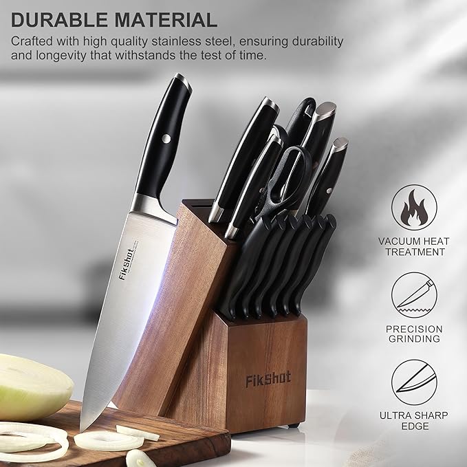 Knife Block Set, FIKSHOT Kitchen Knife Sets, High Carbon Stainless Steel Full Tang, Razor-Sharp Blade Rust Resistant, Professional Chef's Knives for Home Cooking (BLACK)