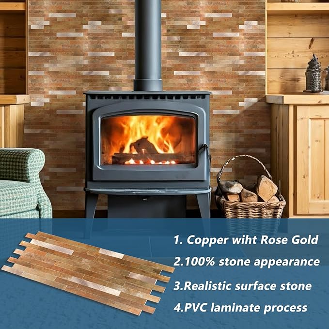 Yipscazo 10 Sheets PVC Wall Tiles Stick on Tiles for Backsplash Kitchen, Bathroom, Laundry Room, Camper, Fireplace (6'' X 12'', Copper Metal)