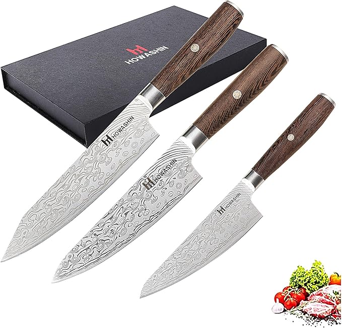 3PCS Chef Knife Set, Japanese Knife Set, Sharp High Carbon Stainless Steel Forged Blade Professional Kitchen Knives Set with Ergonomic Handle,Damascus Knives Set for kitchen with Gift Box
