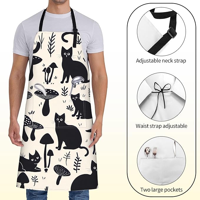 Black Cat Apron for Women with Mushroom,28x33in,Cute Kitten Kitchen Aprons with 2 Pockets,Oxford Fabric,Stylish Adjustable Apron for Cooking Baking Gardening Chef,Gifts for Mom Wife
