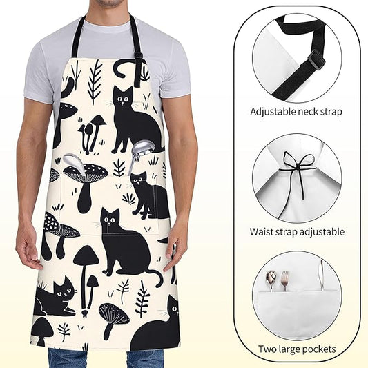 Black Cat Apron for Women with Mushroom,28x33in,Cute Kitten Kitchen Aprons with 2 Pockets,Oxford Fabric,Stylish Adjustable Apron for Cooking Baking Gardening Chef,Gifts for Mom Wife