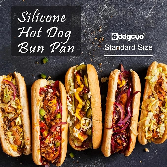 GDDGCUO Silicone Hotdog Bun Pan, 6 Inch Standard Hot dog Bun Mold, 4 Cup Non-stick Homemade Hotdog Bun Baking Pans, Mini Baguette Pans, Dishwasher Safe, 2 Pcs (Grey)