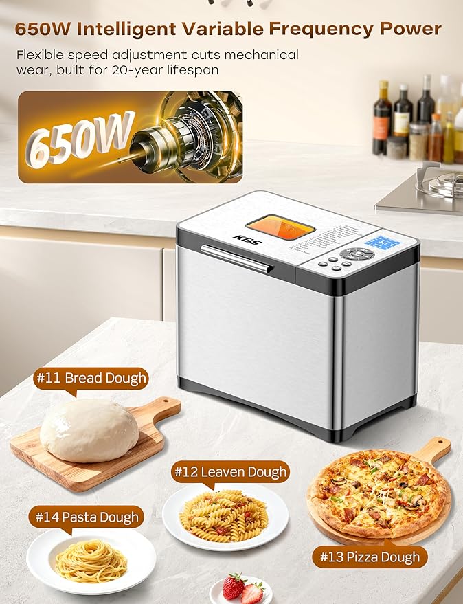 KBS 2LB 19-in-1 Programmable Bread Maker, Stainless Steel Bread Machine with Nonstick Ceramic Pan,650W Bread Maker Machine with 15H Timer&1H Keep Warm,Sourdough,Gluten Free,3 Colors,53 Recipes,Silver
