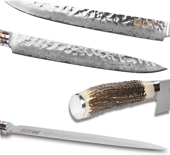 SUNLONG Sashimi knife 10 inch - Slicing and carving knife - Super sharp - Japanese hammered Damascus steel - Natural antler handle