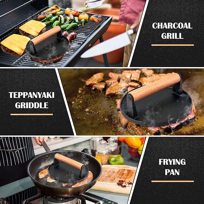 Joyfair Smash Burger Press for Griddle (7 Inch), Cast Iron Hamburger Smasher, Flattop Grill Presses Accessories Tool for Bacon, Patty, Meat, Steak, Sandwich, Heavy Duty & Dishwasher Safe