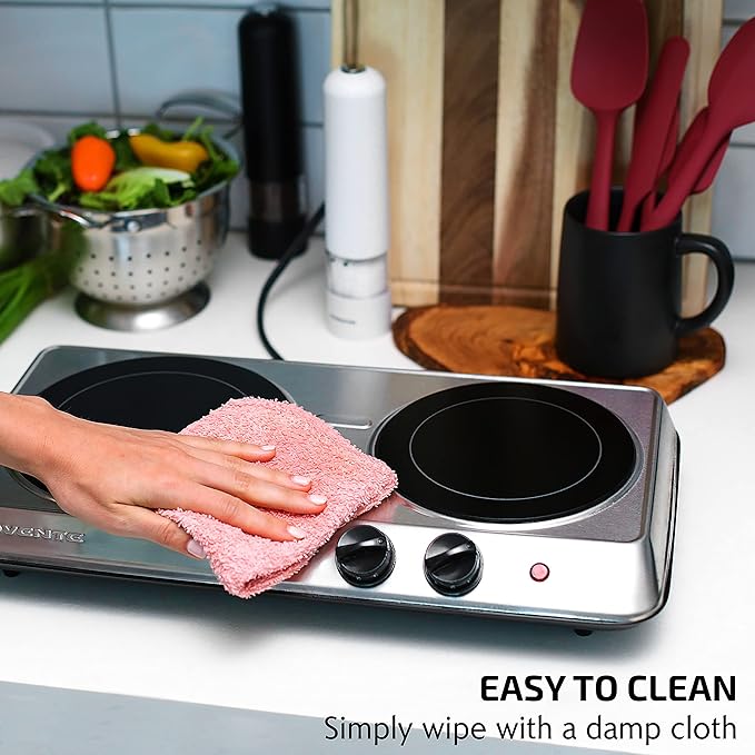 OVENTE Countertop Infrared Double Burner, 1700W Electric Hot Plate and Portable Stove with 7.75" and 6.75" Ceramic Glass Cooktop, 5 Level Temperature Setting and Easy to Clean Base, Silver BGI102S