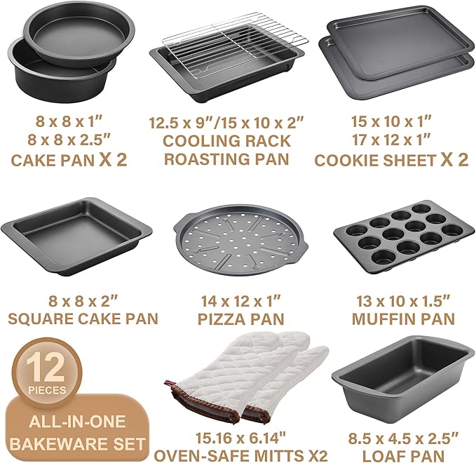 HONGBAKE Bakeware Sets, Baking Pans Set with Kitchen Oven Mitts, Nonstick Oven Pan for Kitchen with Wider Grips, 12-Piece Including Rack, Cookie Sheet, Cake Pans, Loaf Pan, Muffin Pizza Pan