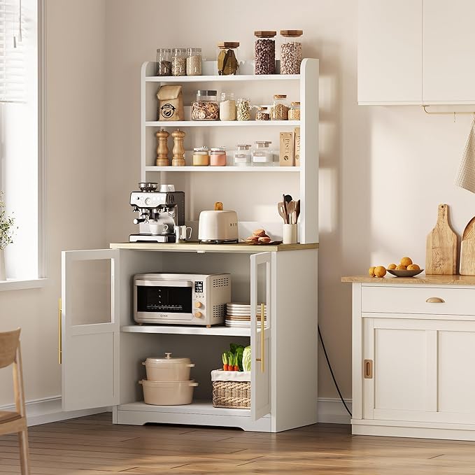 Garvee Farmhouse Bakers Rack with Glass Door, Microwave Stand with Power Outlets, Kitchen Hutch Pantry Cabinet, Kitchen Coffee Bar Cabinet for Spices, Dishes, and Pots, White