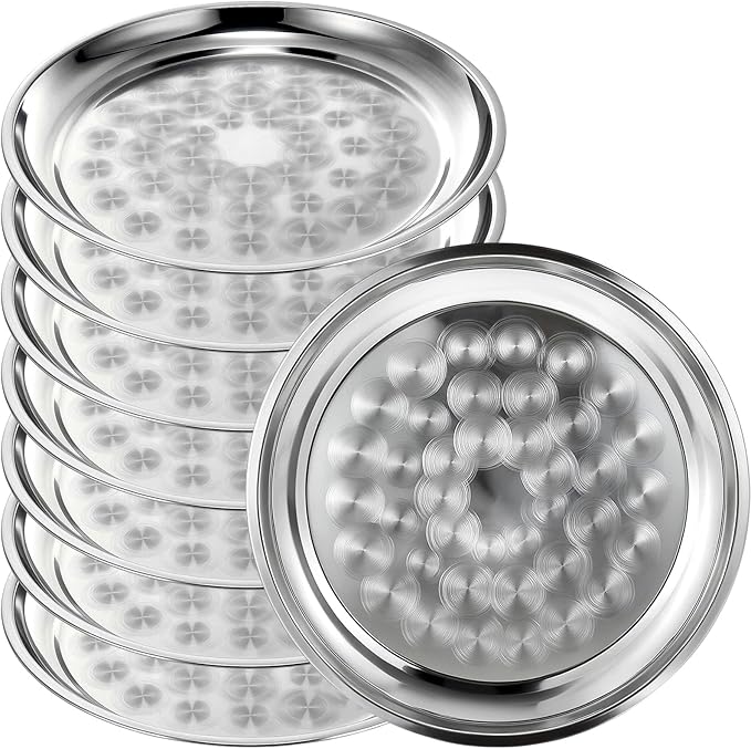 8 Pack Stainless Steel Round Serving Tray with Swirl Pattern Bulk Large Round Tray Silver Metal Display Serving Platter for Coffee Party Club Home (12 Inch)