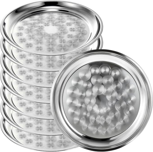 8 Pack Stainless Steel Round Serving Tray with Swirl Pattern Bulk Large Round Tray Silver Metal Display Serving Platter for Coffee Party Club Home (12 Inch)