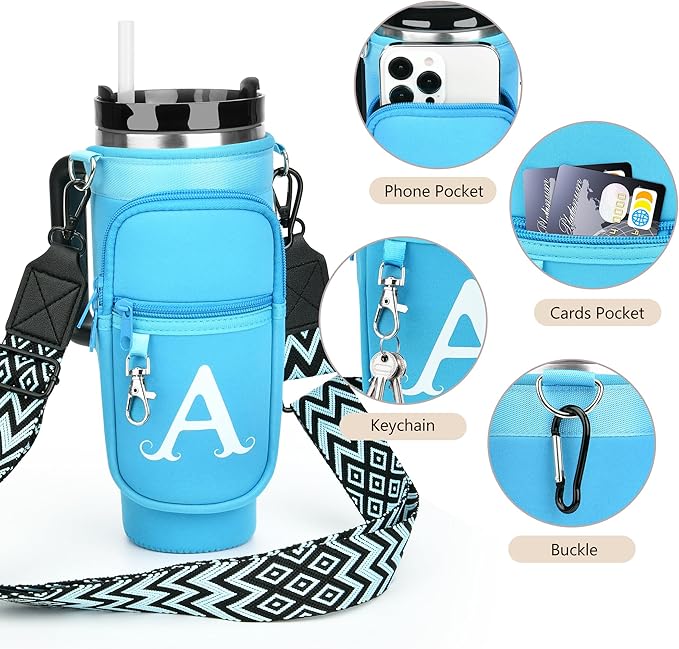 LOKASS Personalized Water Bottle Holder with Strap for Stanley Cup Accessories 40 oz Tumbler, Initial Water Bottle Carrier Bag/Phone Pocket, Mother's Day/Birthday Gifts for Women/Girls