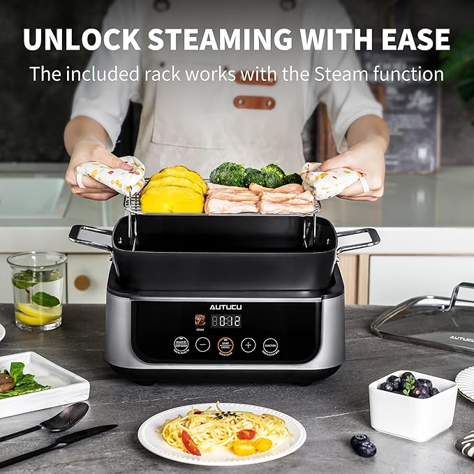 Slow Cooker 7 Quart | Programmable Multi-Cooker PFOA-Free Ceramic Coating, Steamer, Sear sauté, Warm Function (Includes Silicone Spoon)
