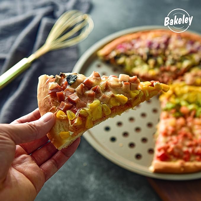 Bakeley 12-inch Air Crisp Perforated Pizza Pan with Hole, Heavy Duty Carbon Steel, Non-Stick Pancake Bakeware for Oven Baking (Champagne Gold)