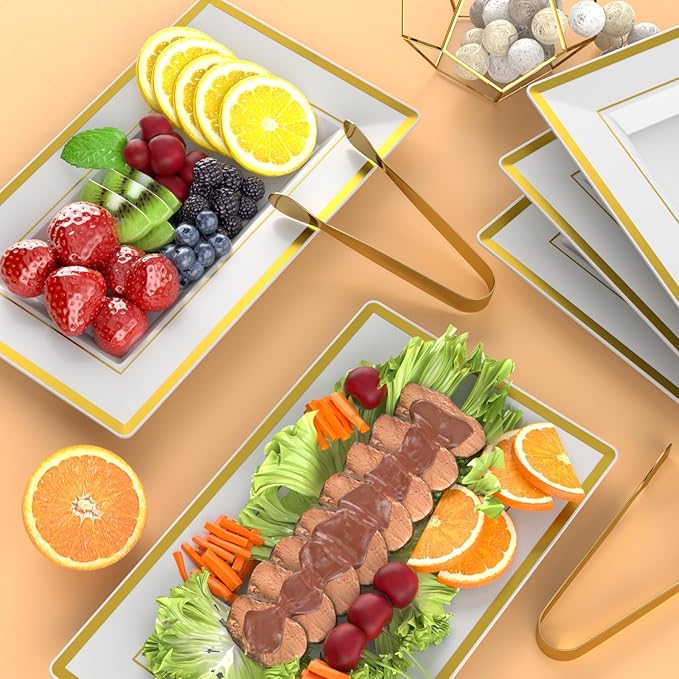 6 Sets Plastic Serving Trays with Serving Tongs, White & Gold Rim Disposable Plastic Serving Platters for Food Fruit Dessert Tea Party Wedding