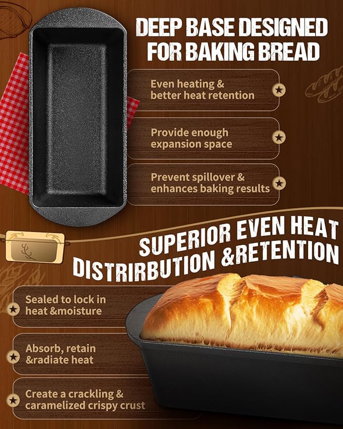 Cast Iron Bread Loaf Pan with Lid, 3.5QT, 13x5 inches, Black Nonstick Popover Pan for Sourdough and Homemade Bread, Mini Loaf Pans with Lids
