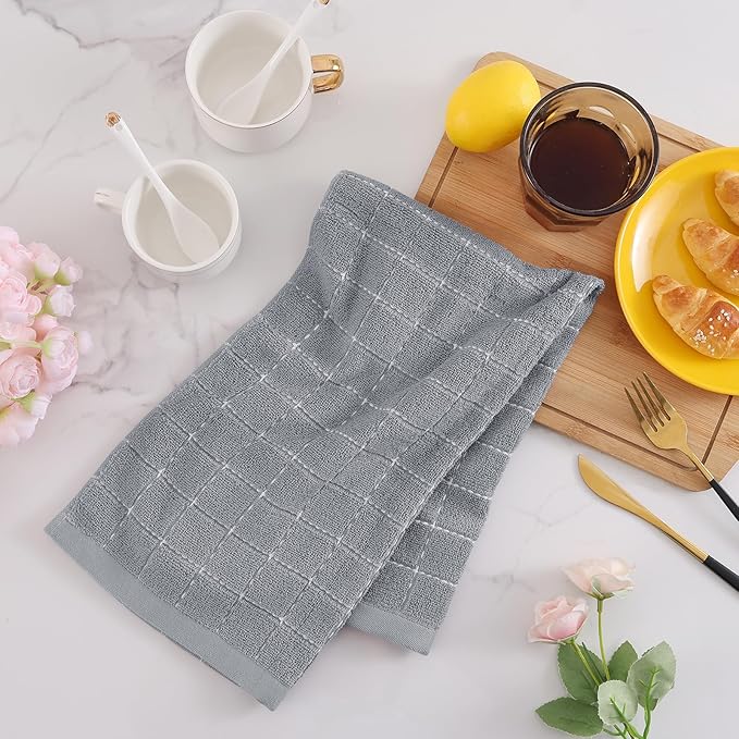 Mordimy 100% Cotton Terry Cloth Kitchen Towels, Super Soft and Absorbent Dish Towels for Drying, Checkered Designed Hand Towels for Kitchen, 16 x 26 Inches, 8 Pack, Light Grey