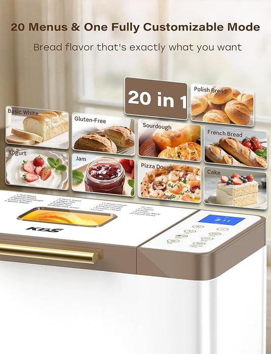 KBS 20-IN-1 Bread Maker with Custom Program, 650W Bread Machine with Nonstick Ceramic Pan & Paddle, 2LB Stainless Steel Bread Maker Machine, Polish Bread, Gluten-Free, Touch Panel, 15H Timer, 3 Colors