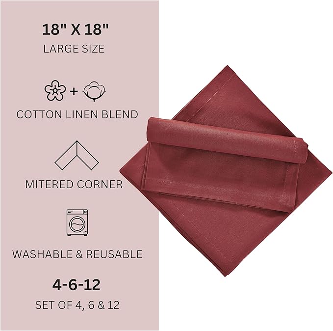 FINGERCRAFT Dinner Cloth Napkins, Cotton Linen Blend Mitered Corner Napkins Cloth 4 Pack Natural Premium Quality for Every Day Use, Parties, Easter, Thanksgiving, Weddings, 18x18 inch Rythmic Red
