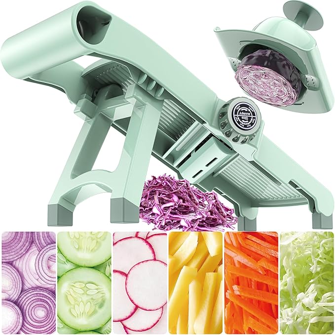 5-in-1 Adjustable Mandoline Slicer Stainless Steel Blades & Safety Hand Guard, Safe Mandolin for Kitchen, Non-slip Julienne Slicer Cutter, Vegetable Chopper for Onion, Potato Cucumber Carrot
