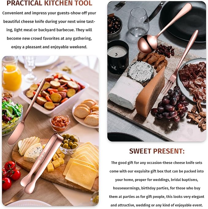 Patelai Charcuterie Boards Accessories Charcuterie Utensils Set Cheese Butter Spreader Knives Stainless Steel Mini Serving Tongs Spoons Forks and Toothpick Flags for Appetizers Pastry(Rose Gold)