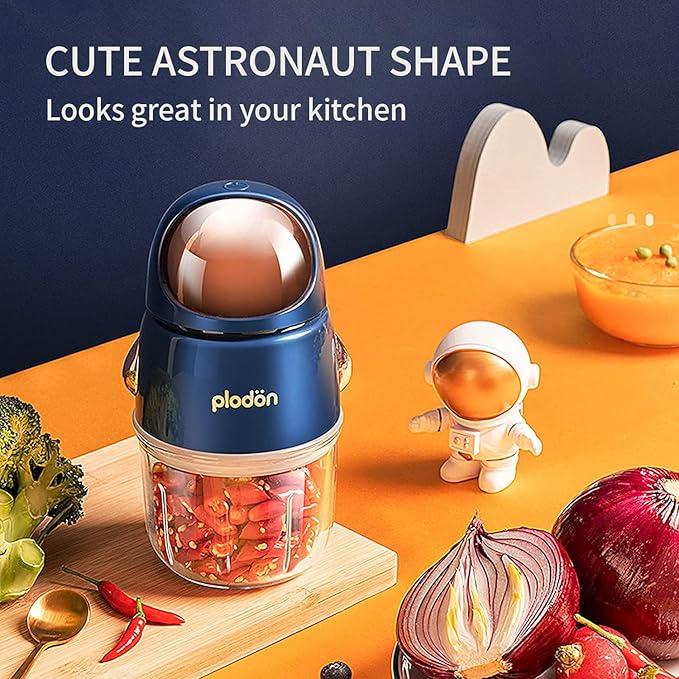 Plodon Baby Food Maker Mini Cute and Small Food Processor Puree Blender Grinder Chopper 300ml Cup Glass Bowl with 8 Blade Electric (Spaceman-Blue)