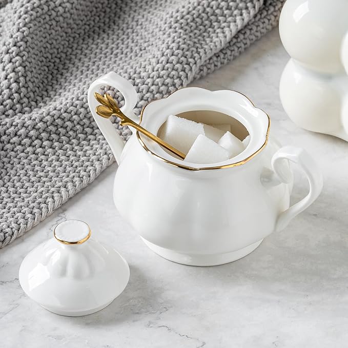 Sugar Bowl with Lid, Ceramic Sugar Jar with Handle, Sugar Dispenser Sugar Container for Coffee Bar Accessories, Sugar Bowls for Kitchen Countertop, White