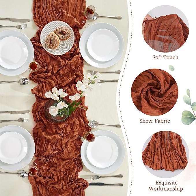 12 Pack Terracotta Cheesecloth Table Runner 10FT Long Boho Gauze Table Runner Rustic Sheer Runner for Wedding Bridal Baby Shower Birthday Party Table Decor Home Easter Thanksgiving Decor