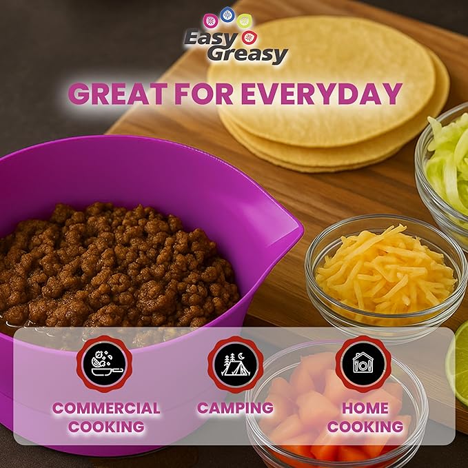 Colander Grease Strainer With Handle And Container, Catch Bowl With Lid 3 Piece Strain Set | Strains Ground Beef, Bacon & Pasta | Safe Kitchen Gadget BPA Free | Made In The USA (Purple)