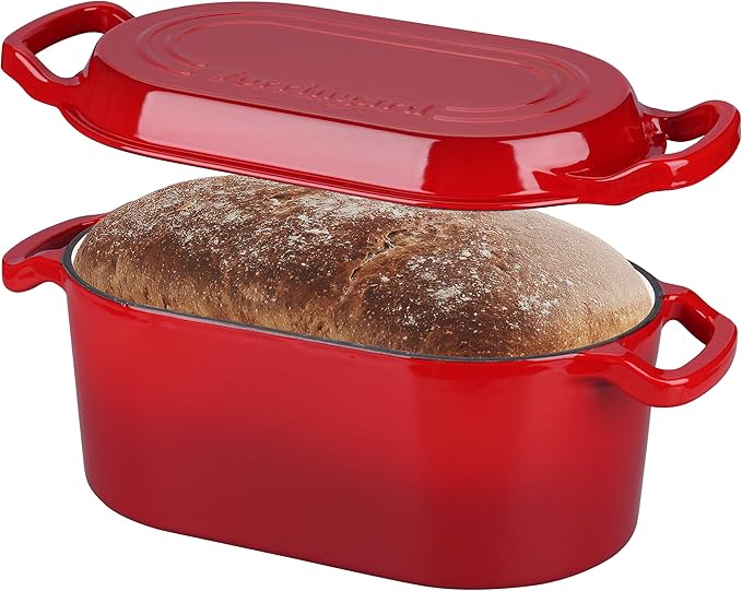 VORRINGARD Oval Dutch Oven Pot with Lid, Enamel Coating Cast Iron Bread Pans for Homemade Sourdough Bread Baking, Cooking, 4 Quart, Red
