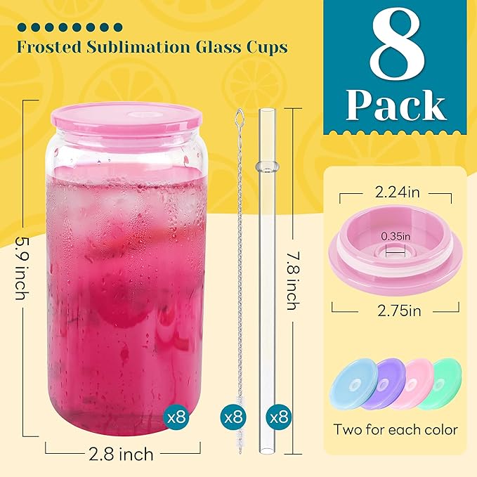 Joyclub 8 Pack Clear Sublimation Glass Cups Blanks 16 OZ Borosilicate Can Glass Tumblers with Acrylic Lids for Beer, Juice, Soda, Iced Coffee