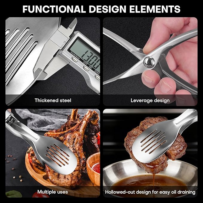 Nezylaf Kitchen Tongs 10.8" Stainless Steel, Heat Resistant 600°C | Perfect for BBQ, Cooking, Serving Tongs & Salad Tongs | Spring-Loaded Design