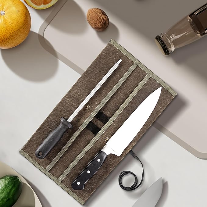 Double Knife Roll for Chefs,Waxed Canvas Vertical Knife Storage Case,Travel Carry-On Roll Bag,Rectangular Protector Sheath Pouch Organizer for Chef Kitchen Cutlery Knives Accessories,Cooking Tool