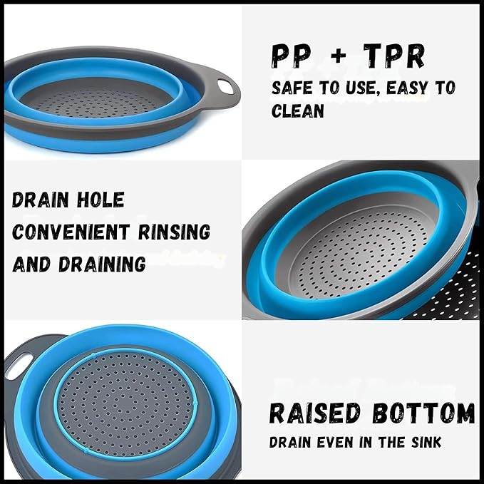 Collapsible Colander Set,Premium Food Grade Silicone Folding Strainers with Handles Space Saving Colanders for Draining Pasta,Vegetables & Fruits,Ideal for Kitchen & Travel (3pc(blue))