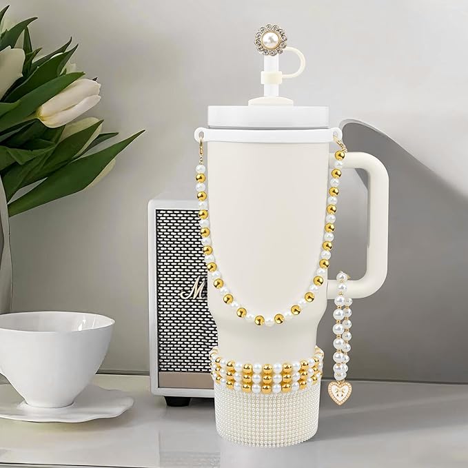 Cup Accessories for Stanley 30/40oz Tumbler containing Pearl Straw Cover Topper, Silicone Cup Boot, Water Bottle Handle Strap& Pearl Bracelets Charms(Pearls with Gold Beads)