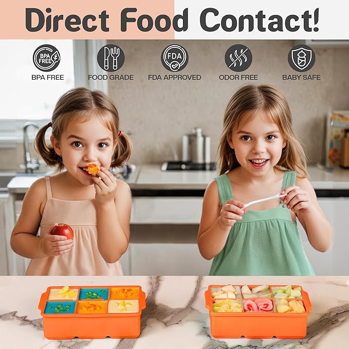 KitchFort Large Silicone Ice Cube Tray (2-Pack), Easy Release 2" Big Ice Cubes - Cocktail, Whiskey Ice Cubes Mold - Ice Trays for Freezer with Lid - Stackable Silicone Ice Tray - Orange
