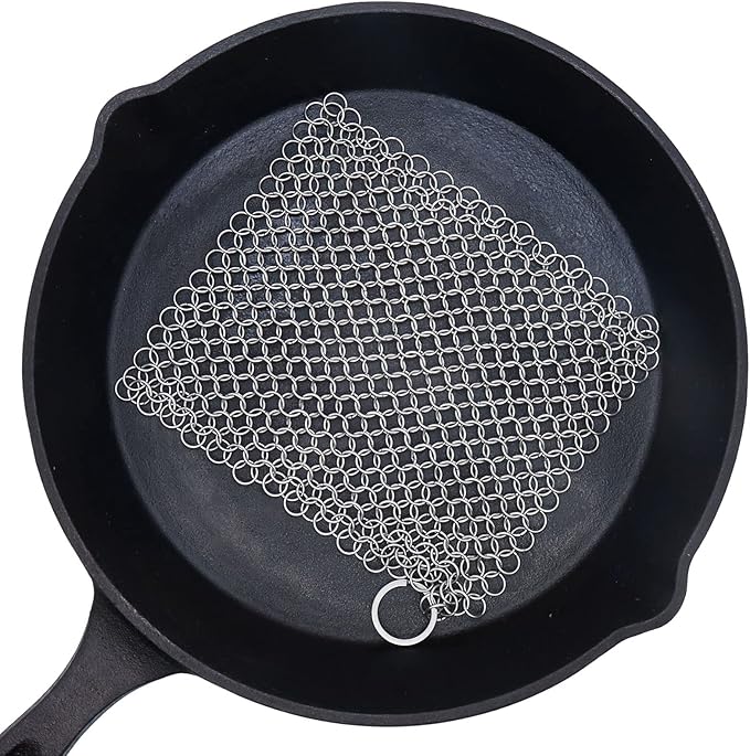 BabriInta Cast Iron Scrubber - 6 Inch Stainless Steel Chain mail Scrubber for Cast Iron Pans Cleaner Chainmail Scrubber for Skillet, Wok, Pot, Dutch Ovens