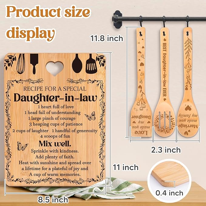 Gifts for Daughter in Law - "Recipe for a Special Daughter-in-Law" Daughter in Law Birthday Gifts Cutting Board Set, Bamboo-Made Engraved Utensil Set Birthday Gifts for Daughter in Law