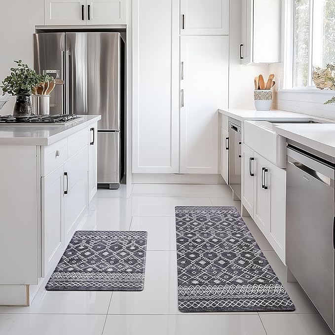 FRESHMINT Anti Fatigue Kitchen Mats for Floor 2 Piece Set, Waterproof & Non-Skid Moroccan Geo Kitchen Rugs, Cushioned Kitchen Mat for Standing Washable Comfort Desk Kitchen Runners, 17x30''+17x47''