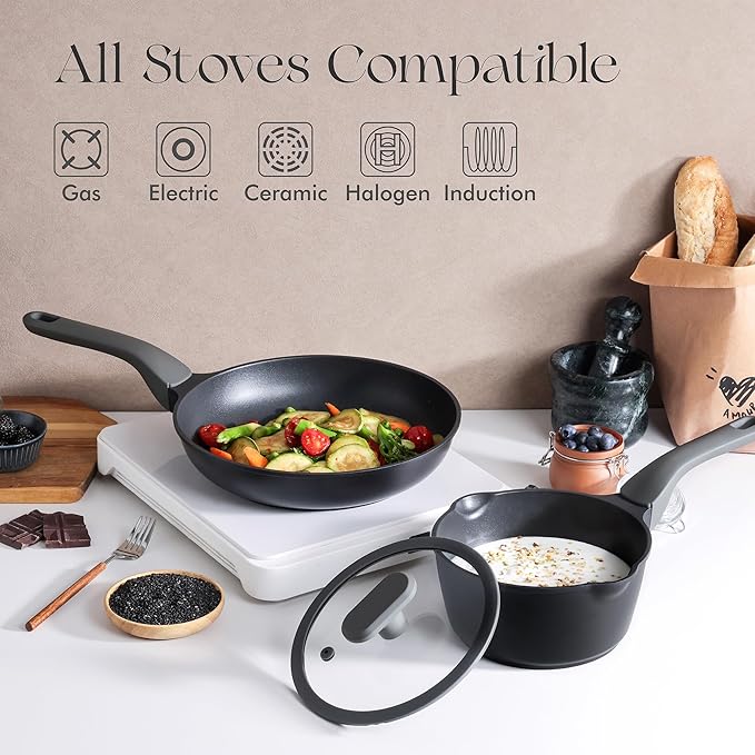 PRICUSIS 8Pcs Nonstick Frying Pan Set with Lid, 8+10+12 Inch Induction Compatible Skillet with Stay Cool Handle, Fully Coated, 100% Dishwasher Safe, PTFE & PFOA Free (Black Sesame)