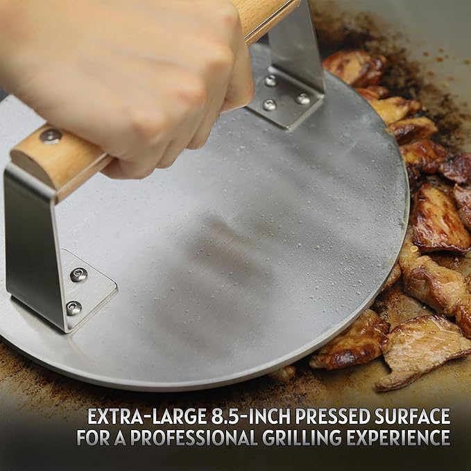 Professional Stainless Steel Smash Burger Press with Wood Handle,Heavy-Duty 8.5 Inch Burger Smasher (3.64 lb) - 6mm Thick Base for Hamburgers, Steak & Bacon